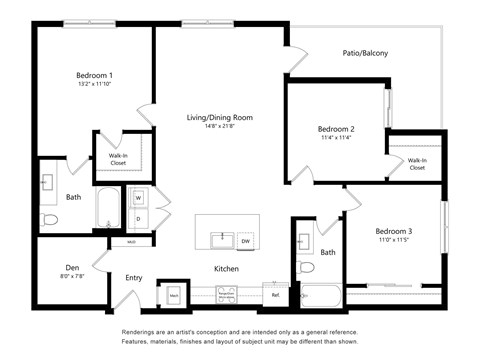 A floor plan of a home with three bedrooms, a living/dining room, kitchen, bath, and den.